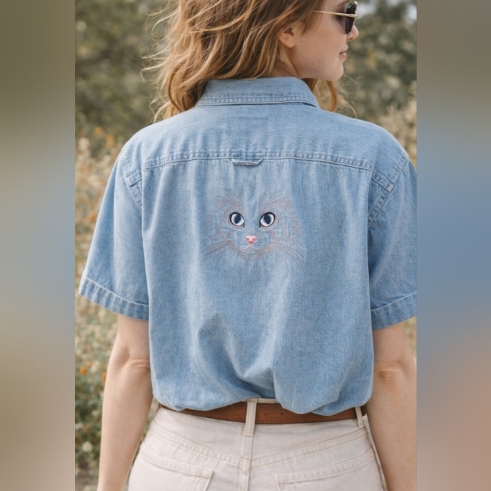 Vintage 90's Cotton Denim Short Sleeve Cat Embroidered Button Up Shirt